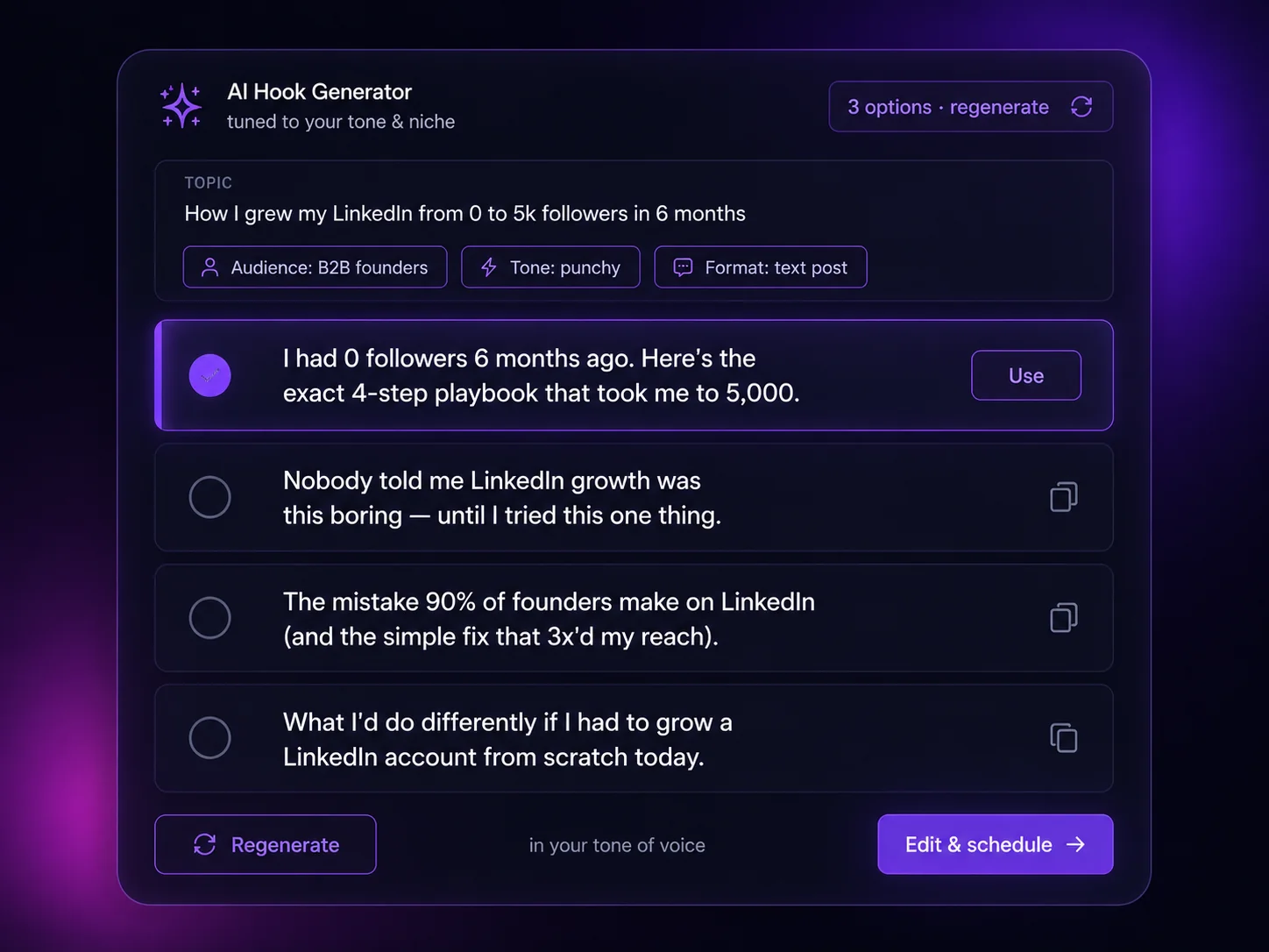 Linkziy AI hook generator suggesting multiple LinkedIn hook variants for a topic