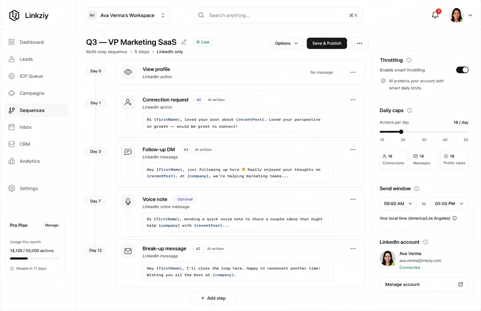 Campaign sequence builder composing a multi-step LinkedIn follow-up