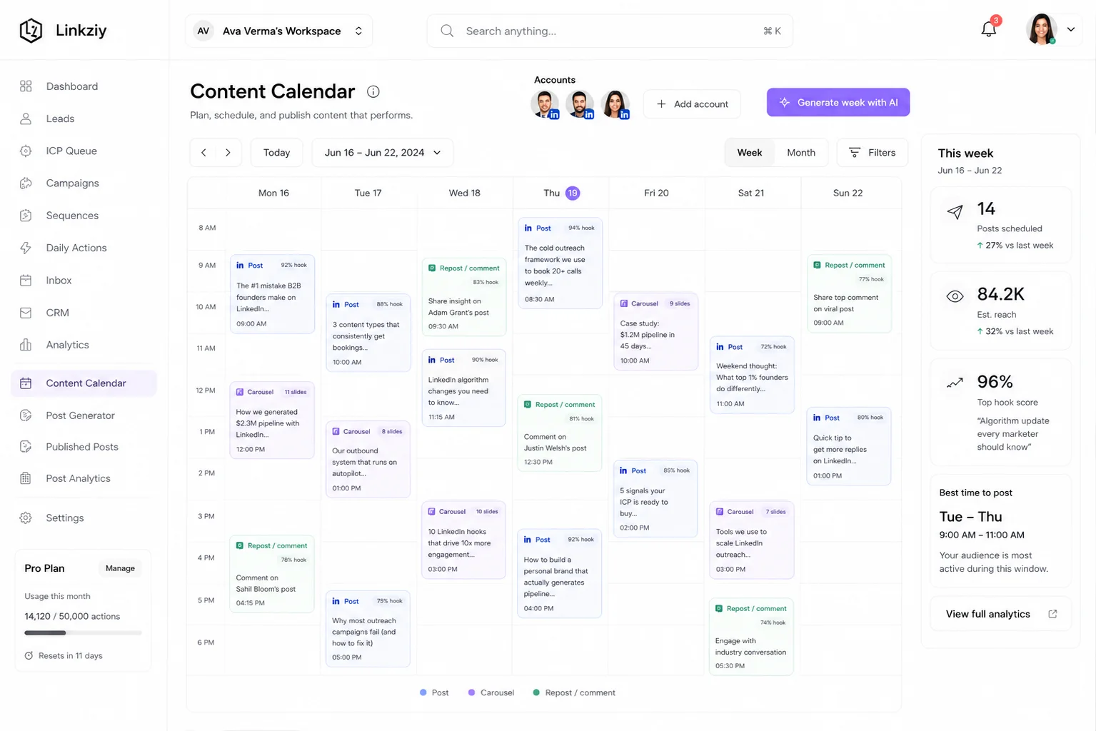 Content calendar with AI-assisted posts and hook scoring