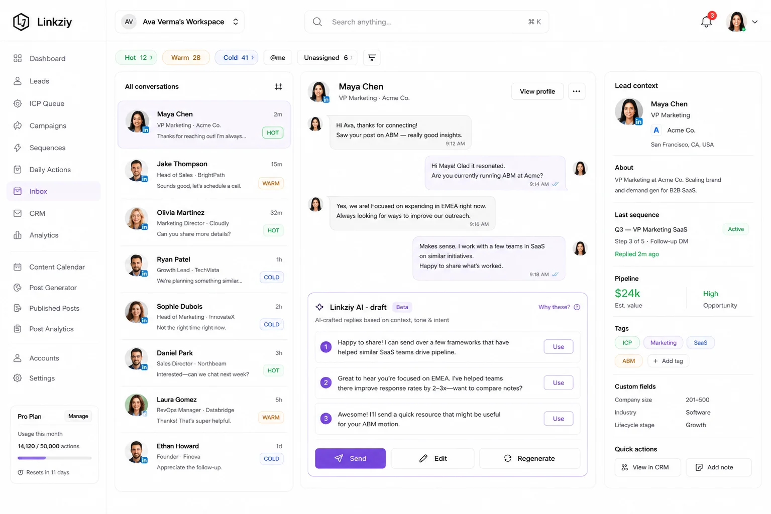 Unified LinkedIn inbox with hot and warm threads plus AI-drafted reply